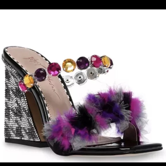 Betsey Johnson Attica Purple & Gray Tulle Feathers Gems Heeled Sandals - Picture 1 of 2